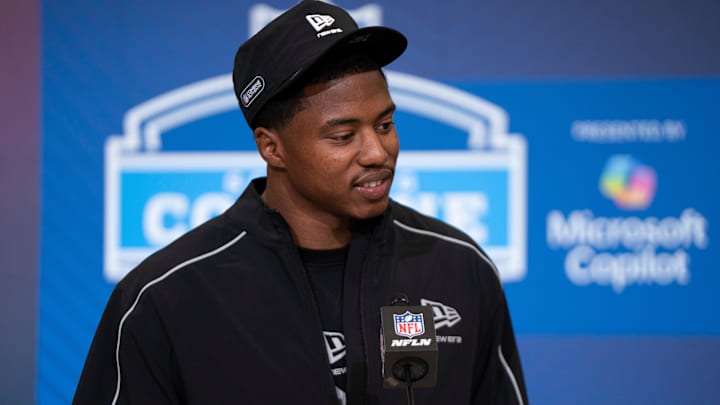 Feb 26, 2026; Indianapolis, IN, USA; Miami defensive back Keionte Scott (DB29) speaks to members of the media during the NFL Combine at the Indiana Convention Center. Mandatory Credit: Jacob Musselman-Imagn Images