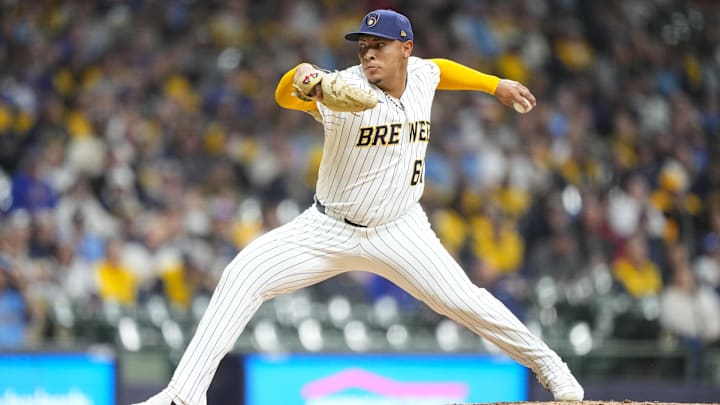 Apr 25, 2026; Milwaukee, Wisconsin, USA;  Milwaukee Brewers pitcher Angel Zerpa (61) throws a pitch during the tenth inning against the Pittsburgh Pirates at American Family Field. Mandatory Credit: Jeff Hanisch-Imagn Images