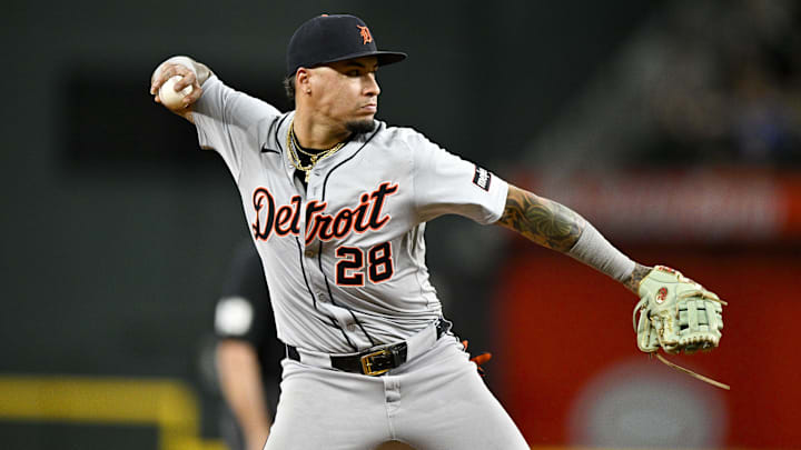 Jun 3, 2024; Arlington, Texas, USA; Detroit Tigers shortstop Javier Baez (28) throws to first base during the fourth inning against the Texas Rangers at Globe Life Field. Mandatory Credit: Jerome Miron-USA TODAY Sports Jun 3, 2024; Arlington, Texas, USA; Detroit Tigers shortstop Javier Baez (28) throws to first base during the fourth inning against the Texas Rangers at Globe Life Field. Mandatory Credit: Jerome Miron-USA TODAY Sports