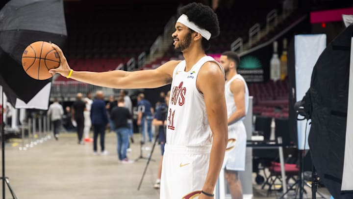 Sep 30, 2024; Cleveland, OH, USA;  Cleveland Cavaliers center Jarrett Allen (31) poses for a photo during media day at Rocket Mortgage FieldHouse. Mandatory Credit: Ken Blaze-Imagn Images
