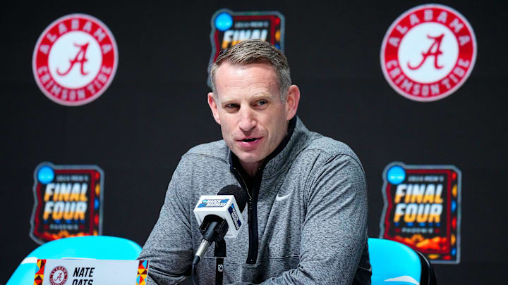 Alabama basketball coach Nate Oats speaks at a press conference prior to the Final Four at State Farm Stadium in Glendale on April 4, 2024.