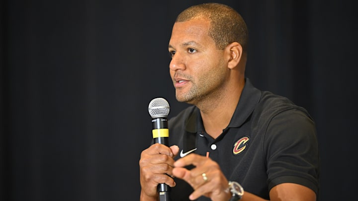 Sep 14, 2022; Cleveland, OH, USA; Cleveland Cavaliers president of basketball operations Koby Altman speaks to the media during an introductory press conference at Rocket Mortgage FieldHouse. Mandatory Credit: David Richard-Imagn Images