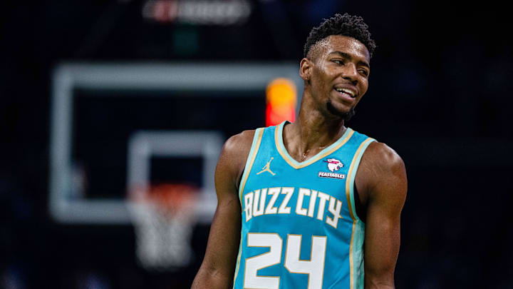 Apr 7, 2024; Charlotte, North Carolina, USA; Charlotte Hornets forward Brandon Miller (24) looks on during the second quarter against the Oklahoma City Thunder at Spectrum Center. Mandatory Credit: Scott Kinser-Imagn Images