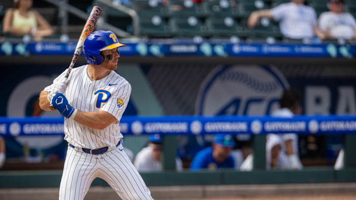 May 23, 2024; Charlotte, NC, USA; Pittsburgh Panthers outfielder CJ Funk (8) at bat in the sixth inning against the North Carolina Tar Heels during the ACC Baseball Tournament at Truist Field. Mandatory Credit: Scott Kinser-Imagn Images