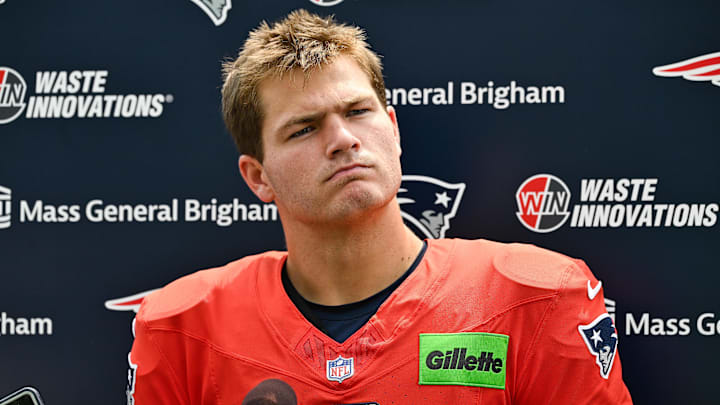 Aug 6, 2025; Foxborough, MA, USA; New England Patriots quarterback Drake Maye (10) speaks to the media after training camp at Gillette Stadium. Mandatory Credit: Eric Canha-Imagn Images