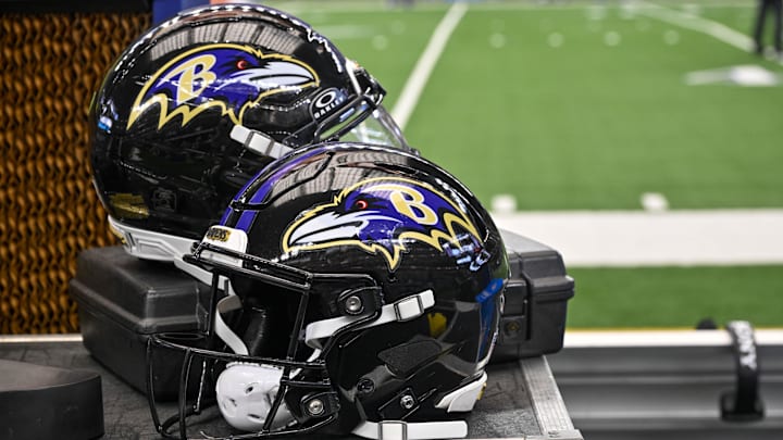 Aug 16, 2025; Arlington, Texas, USA; A view of the Baltimore Ravens logo and helmets before the game between the Dallas Cowboys and the Baltimore Ravens at AT&T Stadium. Mandatory Credit: Jerome Miron-Imagn Images Aug 16, 2025; Arlington, Texas, USA; A view of the Baltimore Ravens logo and helmets before the game between the Dallas Cowboys and the Baltimore Ravens at AT&T Stadium. Mandatory Credit: Jerome Miron-Imagn Images