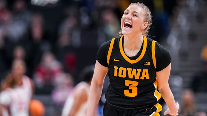 Iowa Hawkeyes guard Sydney Affolter (3) celebrates scoring a 3-pointer Friday, March 7, 2025, in a quarterfinals game at the 2025 TIAA Big Ten Women's Basketball Tournament between the Iowa Hawkeyes and the Ohio State Buckeyes at Gainbridge Fieldhouse in Indianapolis. The Buckeyes defeated the Hawkeyes, 60-59.