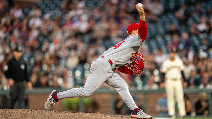 Sep 24, 2025; San Francisco, California, USA; St. Louis Cardinals starting pitcher Sonny Gray (54) delivers a pitch against the San Francisco Giants during the first inning at Oracle Park. Mandatory Credit: Neville E. Guard-Imagn Images