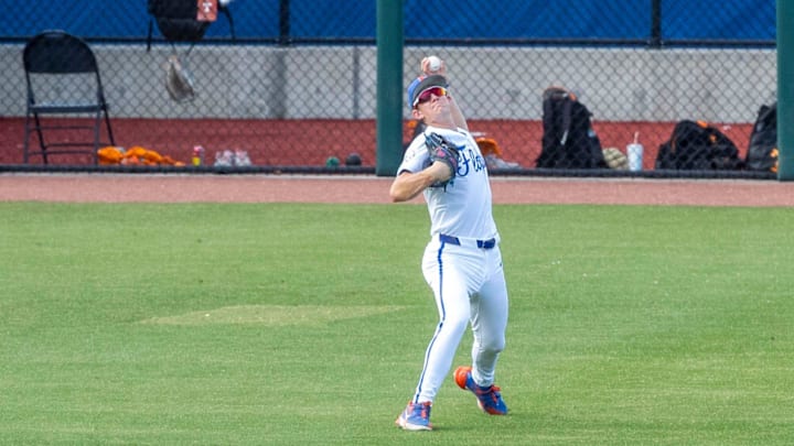 Florida's outfielder Hayden Yost (16) with the throw to second from the outfield Friday, May 3, 2024, at Condron Family Ballpark in Gainesville, Florida. The Gators fell to Tennessee 6-2 in the first game of the doubleheader. [Cyndi Chambers/ Gainesville Sun] 2024