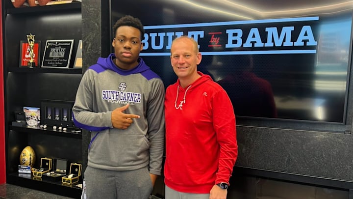 2026 4-Star offensive lineman Ekene Ogboko with Alabama head coach Kalen DeBoer