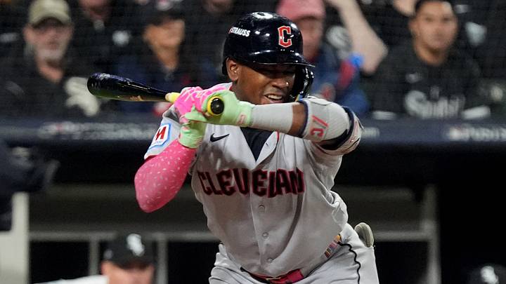 Oct 8, 2026; Chicago, Illinois, USA; Cleveland Guardians left fielder Angel Martinez (1) is hit by a pitch during the sixth inning against the Chicago White Sox in game four of the ALDS for the 2026 MLB Playoffs at Rate Field. Mandatory Credit: David Banks-Imagn Images Oct 8, 2026; Chicago, Illinois, USA; Cleveland Guardians left fielder Angel Martinez (1) is hit by a pitch during the sixth inning against the Chicago White Sox in game four of the ALDS for the 2026 MLB Playoffs at Rate Field. Mandatory Credit: David Banks-Imagn Images