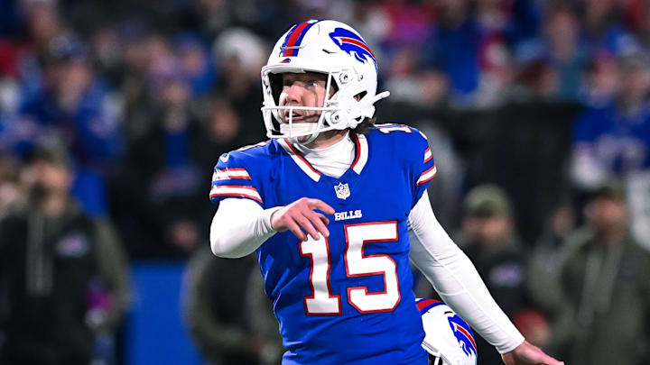 Nov 2, 2025; Orchard Park, New York, USA; Buffalo Bills place kicker Matt Prater (15) watches his field goal attempt in the fourth quarter against the Kansas City Chiefs at Highmark Stadium.