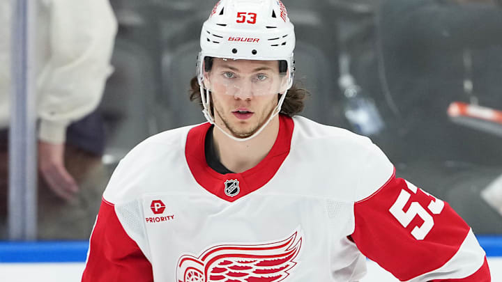 Apr 17, 2025; Toronto, Ontario, CAN; Detroit Red Wings defenseman Moritz Seider (53) skates during the warmup before a game against the Toronto Maple Leafs at Scotiabank Arena. Mandatory Credit: Nick Turchiaro-Imagn Images