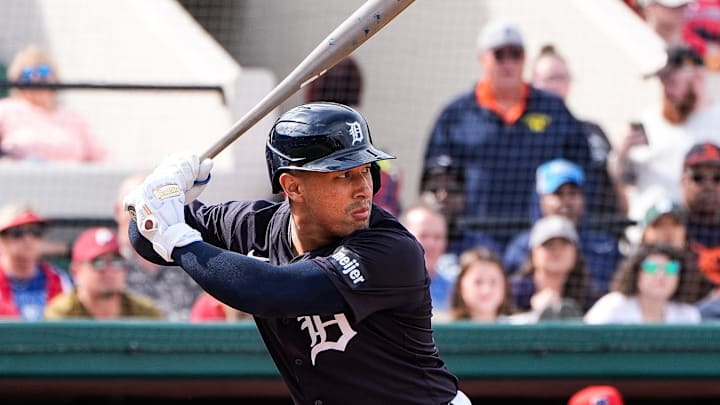 Detroit Tigers infielder Jahmai Jones bats against Philadelphia Phillies during the fifth inning of a Grapefruit League game at Joker Marchant Stadium in Lakeland, Fla. on Saturday, Feb. 22, 2025.