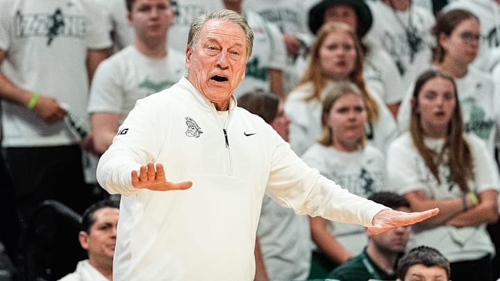 Michigan State head coach Tom Izzo reacts to a play against Michigan during the second half at Breslin Center in East Lansing on Sunday, March 9, 2025.