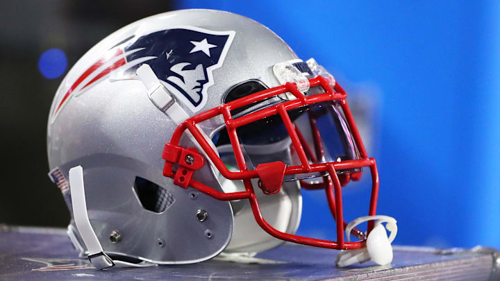 Sep 11, 2016; Glendale, AZ, USA; Detailed view of a New England Patriots helmet against the Arizona Cardinals at University of Phoenix Stadium. The Patriots defeated the Cardinals 23-21. Mandatory Credit: Mark J. Rebilas-Imagn Images