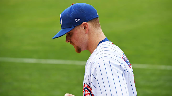 Cade Horton sits during a warmup at Four Winds Feild on June 22, 2023.