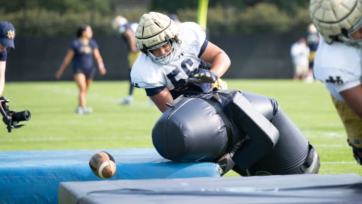 Charles Jagusah OL of the Fighting Irish at football practice at the Irish Athletic Center at Notre Dame on Tuesday August 1, 2023.