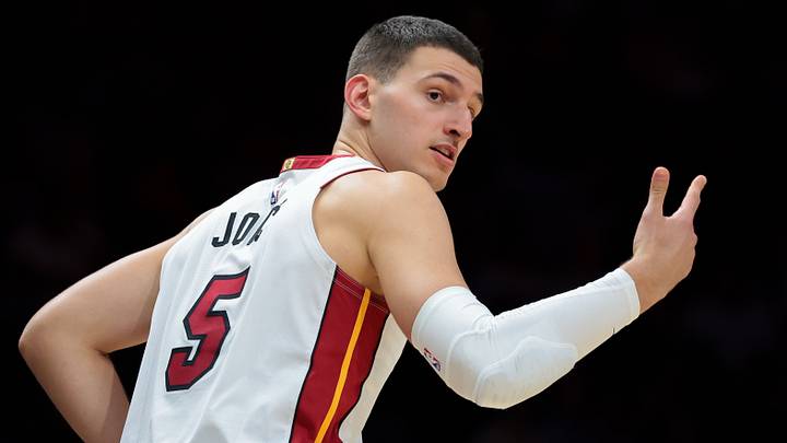 Dec 29, 2025; Miami, Florida, USA; Miami Heat forward Nikola Jovic (5) reacts after scoring against the Denver Nuggets during the third quarter at Kaseya Center. Mandatory Credit: Sam Navarro-Imagn Images