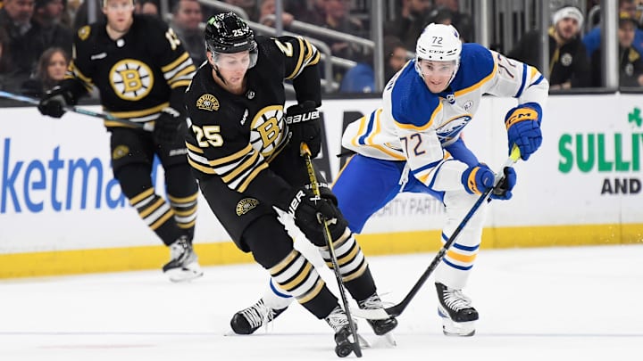 Dec 7, 2023; Boston, Massachusetts, USA;  Boston Bruins defenseman Brandon Carlo (25) controls the