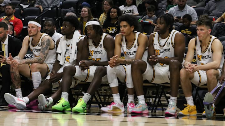 Nov 8, 2024; Columbia, Missouri, USA; Missouri Tigers players watch on the bench as the team takes on Howard in a game at Mizzou Arena.
