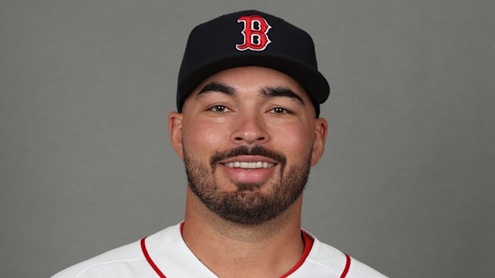 Feb 17, 2026; Lee County, FL, USA;  Boston Red Sox pitcher Alec Gamboa (68) poses for a photo during media day at JetBlue Park. Mandatory Credit: Kim Klement Neitzel-Imagn Images