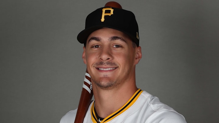 Feb 18, 2025; Bradenton, FL, USA; Pittsburgh Pirates infielder Konnor Griffin (85) poses for a photo during media day at Pirate City. Mandatory Credit: Kim Klement Neitzel-Imagn Images
