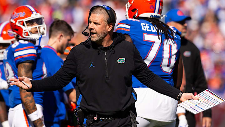 Florida Gators head coach Billy Napier reacts to a call during the first half at Ben Hill Griffin Stadium in Gainesville, FL on Saturday, November 23, 2024. [Doug Engle/Gainesville Sun]