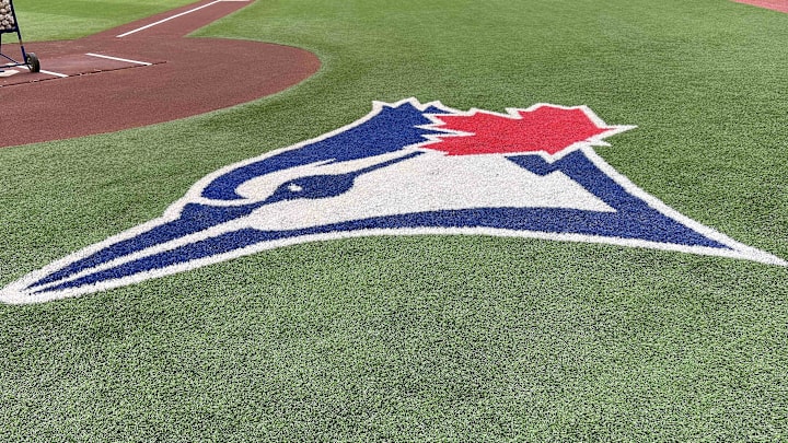 Aug 14, 2022; Toronto, Ontario, CAN; The Toronto Blue Jays logo during batting practice against the Cleveland Guardians at Rogers Centre. 