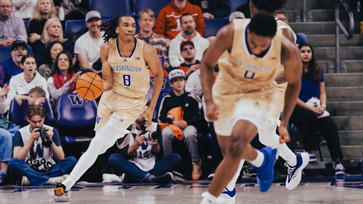Tyler Harris heads up the floor at Alaska Airlines Arena. 
