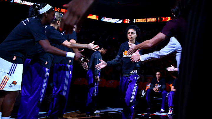Sep 7, 2014; Phoenix, AZ, USA; Phoenix Mercury forward Candice Dupree (4) against the Chicago Sky during game one of the WNBA Finals at US Airways Center. The Mercury defeated the Sky 83-62. Mandatory Credit: Mark J. Rebilas-Imagn Images

