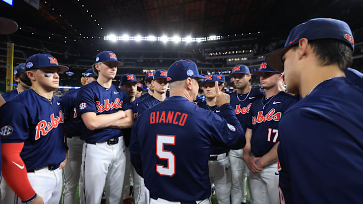 Ole Miss baseball coach Mike Bianco talks to players before the game against the Texas Longhorns at the Shriners Children's College Showdown in Arlington, Texas. Ole Miss baseball coach Mike Bianco talks to players before the game against the Texas Longhorns at the Shriners Children's College Showdown in Arlington, Texas.