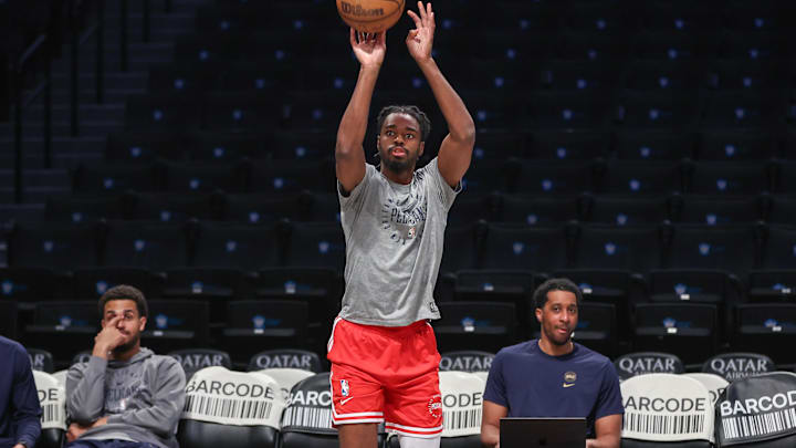 Apr 8, 2025; Brooklyn, New York, USA;  New Orleans Pelicans guard Antonio Reeves (12) warms up prior to the game against the Brooklyn Nets at Barclays Center. Mandatory Credit: Wendell Cruz-Imagn Images