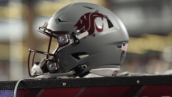 Sep 4, 2021; Pullman, Washington, USA; Washington State Cougars helmet sits during a game against the Utah State Aggies in the first half at Gesa Field at Martin Stadium. Mandatory Credit: James Snook-Imagn Images