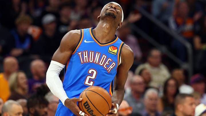 Apr 27, 2026; Phoenix, Arizona, USA; Oklahoma City Thunder guard Shai Gilgeous-Alexander (2) reacts against the Phoenix Suns in the first half during game four of the first round of the 2026 NBA Playoffs at Mortgage Matchup Center. Mandatory Credit: Mark J. Rebilas-Imagn Images Apr 27, 2026; Phoenix, Arizona, USA; Oklahoma City Thunder guard Shai Gilgeous-Alexander (2) reacts against the Phoenix Suns in the first half during game four of the first round of the 2026 NBA Playoffs at Mortgage Matchup Center. Mandatory Credit: Mark J. Rebilas-Imagn Images