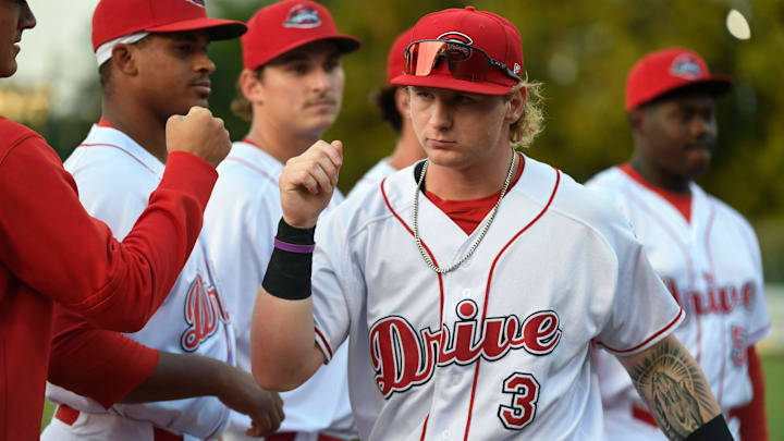 The Greenville Drive's Cutter Coffey (3) enters the field before they take on Hudson Valley during the South Atlantic League championships at Flour Field in Greenville, S.C., on Tuesday, Sept. 19, 2023.