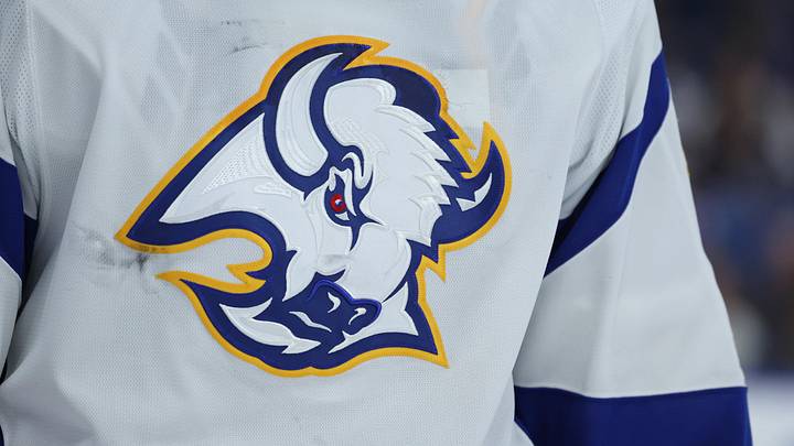 Nov 25, 2022; Buffalo, New York, USA;  A general view of the Buffalo Sabres logo on a jersey worn by Buffalo Sabres goaltender Craig Anderson (41) during the third period against the New Jersey Devils at KeyBank Center. 