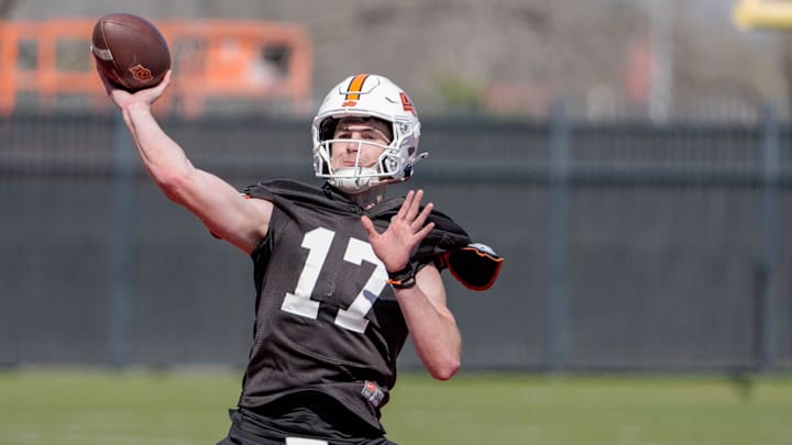 Drew Mestemaker (17) runs drills during Oklahoma State football practice in Stillwater, Okla., on Tuesday, March 24, 2026.
