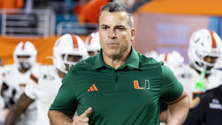 Jan 19, 2026; Miami Gardens, FL, USA; Miami Hurricanes head coach Mario Cristobal against the Indiana Hoosiers during the College Football Playoff National Championship game at Hard Rock Stadium. Mandatory Credit: Mark J. Rebilas-Imagn Images