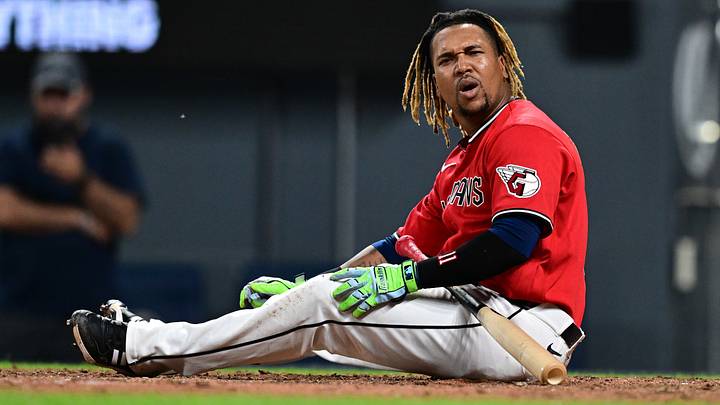 Aug 1, 2026: Cleveland Guardians third baseman Jose Ramírez (11) reacts after avoiding an inside pitch during the eighth inning against the Arizona Diamondbacks at Progressive Field. Credit: David Dermer-Imagn Images