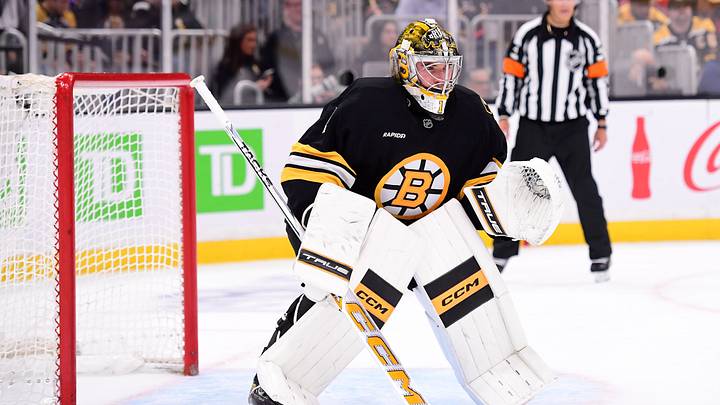 Sep 29, 2026; Boston, Massachusetts, USA; Boston Bruins goaltender Jeremy Swayman (1) gets set for a face-off during the second period against the New York Rangers at TD Garden. Mandatory Credit: Bob DeChiara-Imagn Images Sep 29, 2026; Boston, Massachusetts, USA; Boston Bruins goaltender Jeremy Swayman (1) gets set for a face-off during the second period against the New York Rangers at TD Garden. Mandatory Credit: Bob DeChiara-Imagn Images