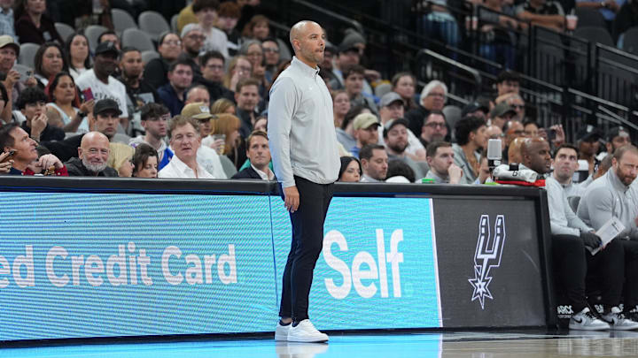 Mar 4, 2025; San Antonio, Texas, USA;  Brooklyn Nets head coach Jordi Fernandez looks on in the second half against the San Antonio Spurs at Frost Bank Center. Mandatory Credit: Daniel Dunn-Imagn Images
