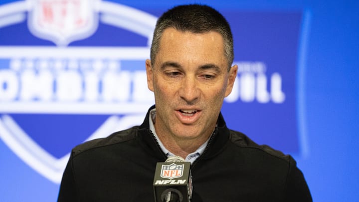 Feb 27, 2024; Indianapolis, IN, USA; Las Vegas Raiders general manager Tom Telesco talks to the media at the 2024 NFL Combine at Indiana Convention Center. Mandatory Credit: Trevor Ruszkowski-Imagn Images