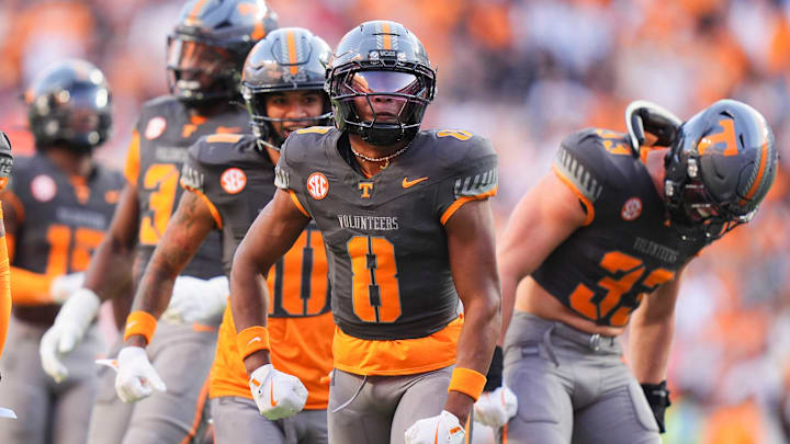 Tennessee defensive back Colton Hood (8) and the Tennessee defense celebrate after a play stopping the New Mexico State offense in an NCAA college football game on November 15, 2025, in Knoxville, Tenn. Tennessee defensive back Colton Hood (8) and the Tennessee defense celebrate after a play stopping the New Mexico State offense in an NCAA college football game on November 15, 2025, in Knoxville, Tenn.
