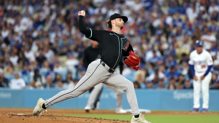Jul 2, 2024; Los Angeles, California, USA;  Arizona Diamondbacks pitcher Ryne Nelson (19) pitches during the third inning against the Los Angeles Dodgers at Dodger Stadium. Mandatory Credit: Kiyoshi Mio-USA TODAY Sports