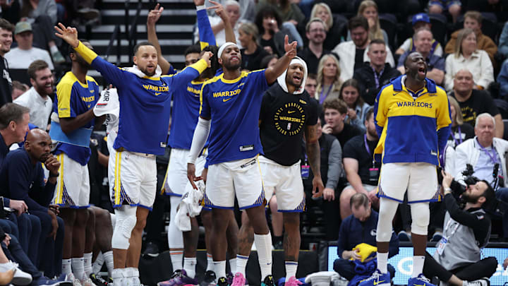 Oct 25, 2024; Salt Lake City, Utah, USA; The Golden State Warriors bench reacts to a play against the Utah Jazz during the fourth quarter at Delta Center. Mandatory Credit: Rob Gray-Imagn Images