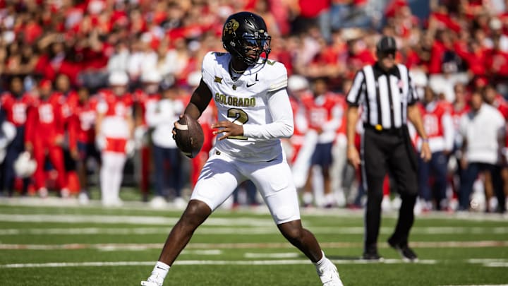 Oct 19, 2024; Tucson, Arizona, USA; Colorado Buffalos quarterback Shedeur Sanders (2) against the Arizona Wildcats in the first half at Arizona Stadium. Mandatory Credit: Mark J. Rebilas-Imagn Images