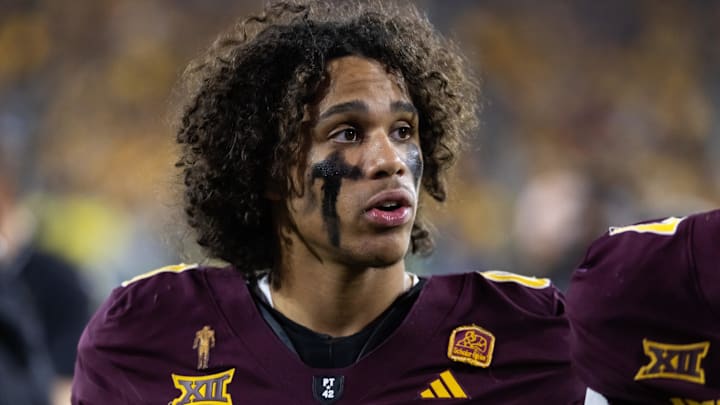 Nov 28, 2025; Tempe, Arizona, USA; Arizona State Sun Devils wide receiver Jordyn Tyson (0) against the Arizona Wildcats during the 99th Territorial Cup at Mountain America Stadium. Nov 28, 2025; Tempe, Arizona, USA; Arizona State Sun Devils wide receiver Jordyn Tyson (0) against the Arizona Wildcats during the 99th Territorial Cup at Mountain America Stadium.