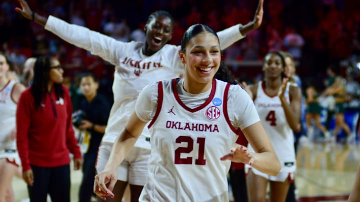 Oklahoma forward Brooklyn Stewart celebrates after defeating Michigan State in the NCAA Tournament. Oklahoma forward Brooklyn Stewart celebrates after defeating Michigan State in the NCAA Tournament.