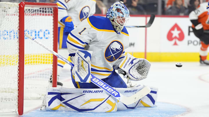 Mar 29, 2025; Philadelphia, Pennsylvania, USA; Buffalo Sabres goalie Ukko-Pekka Luukkonen (1) makes a save against the Philadelphia Flyers in the second period at Wells Fargo Center. Mandatory Credit: Kyle Ross-Imagn Images